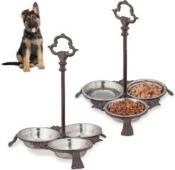 Relaxdays 2x Voerbak Hond Met Standaard – Gietijzer – Hondenvoerbak – 3 Eetbakjes Van Rvs