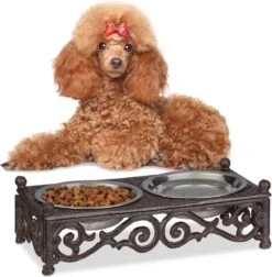 Relaxdays Dubbele Hondenvoerbak – Gietijzer – Antiek – Voerbak Kleine Honden – Rvs – Set