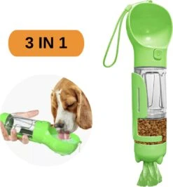 RoiPets® 3 In 1 Honden Drinkfles – 350ml – Incl. Poepzakjes & Polsband- Lek Vrij – Voor Onderweg – Honden Bidon – Waterfles – Groen
