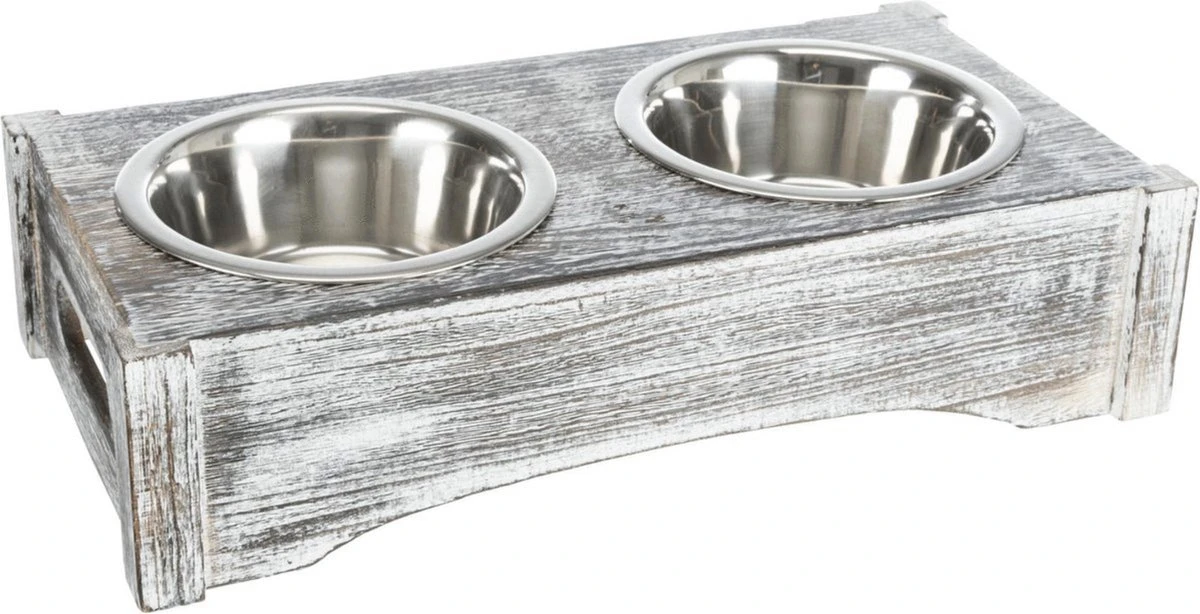 TRIXIE VOERBAK / DRINKBAK SET RVS HOUT WIT 3 TRIXIE VOERBAK / DRINKBAK SET RVS HOUT WIT